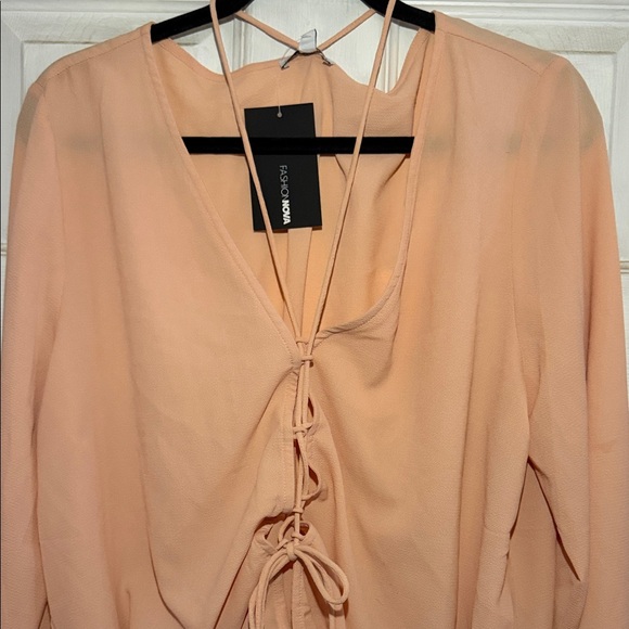 Fashion Nova Light Peachy Pink Lace-Up V-Neck Long Sleeve Top - Picture 2 of 4
